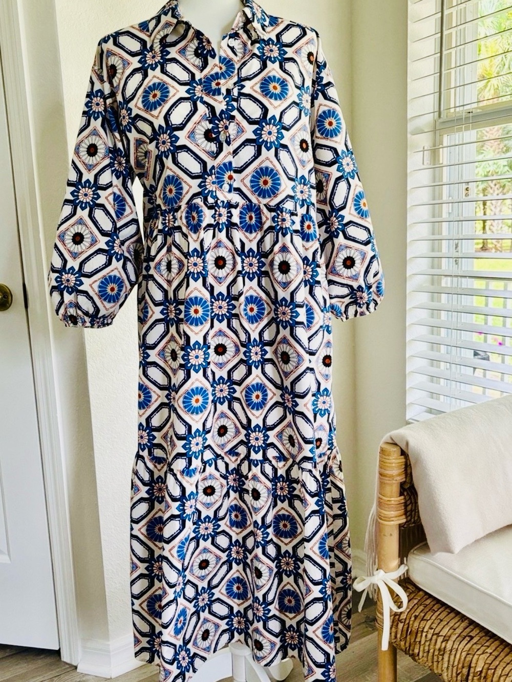 Anthropologie Maeve “Bettina” Blue White Rust Floral Geometric Midi Dress